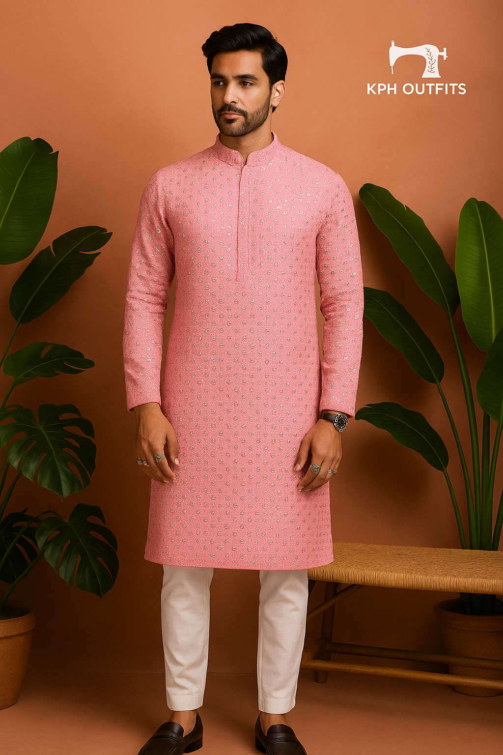 A full-length shot of the kurta set with the pants, highlighting the complete look.

