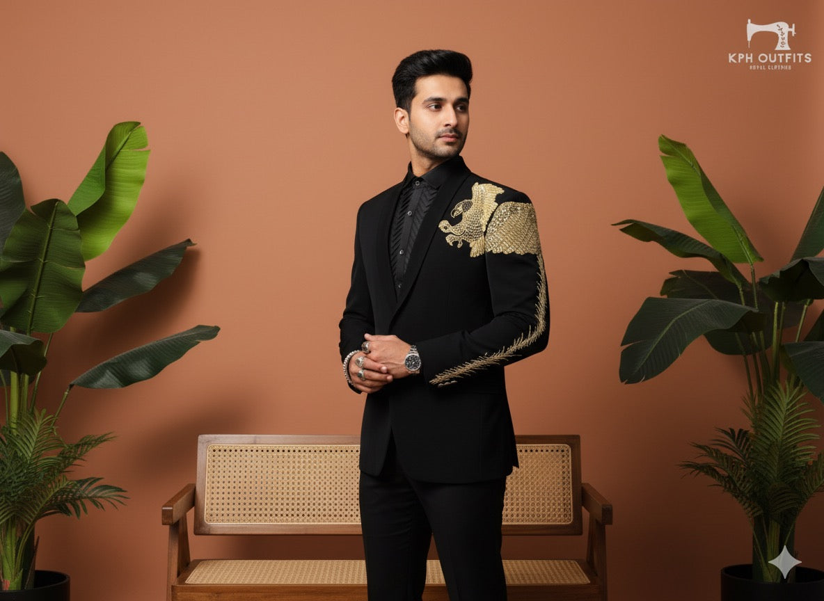 Handcrafted KPH Outfits black velvet blazer with custom sequin and cut-work.