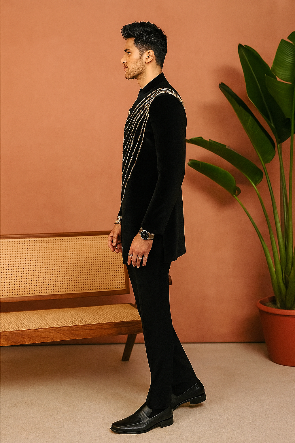 A photograph of a man in a stylish tuxedo, emphasizing the quality of the Japanese fabric and the unique design.

