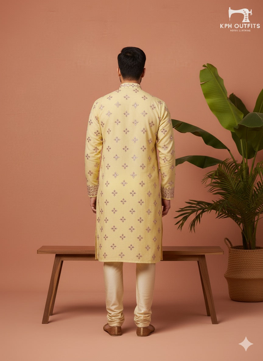 Haldi and mehendi outfit for groom – yellow mirror embroidered kurta pajama dupatta