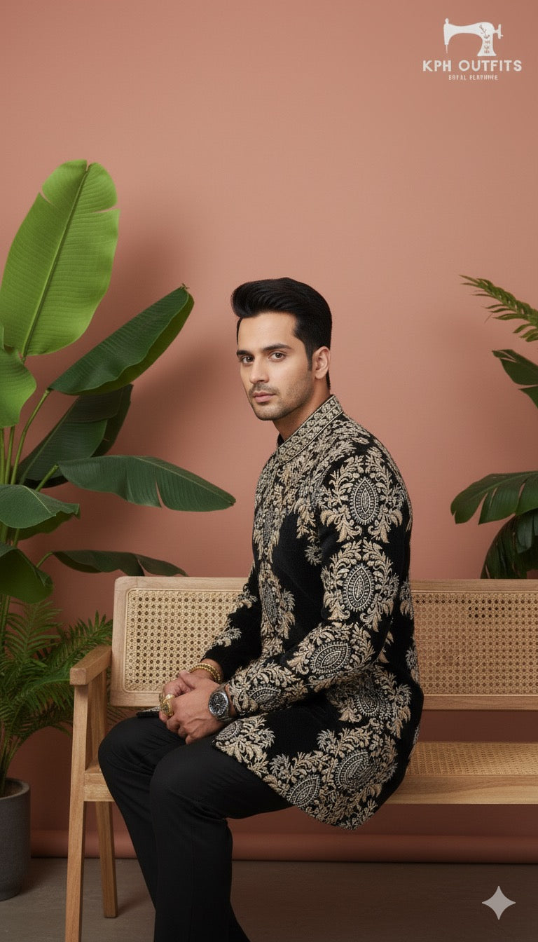 Luxury Indo-Western Sherwani in black velvet with fine gold embellishment.