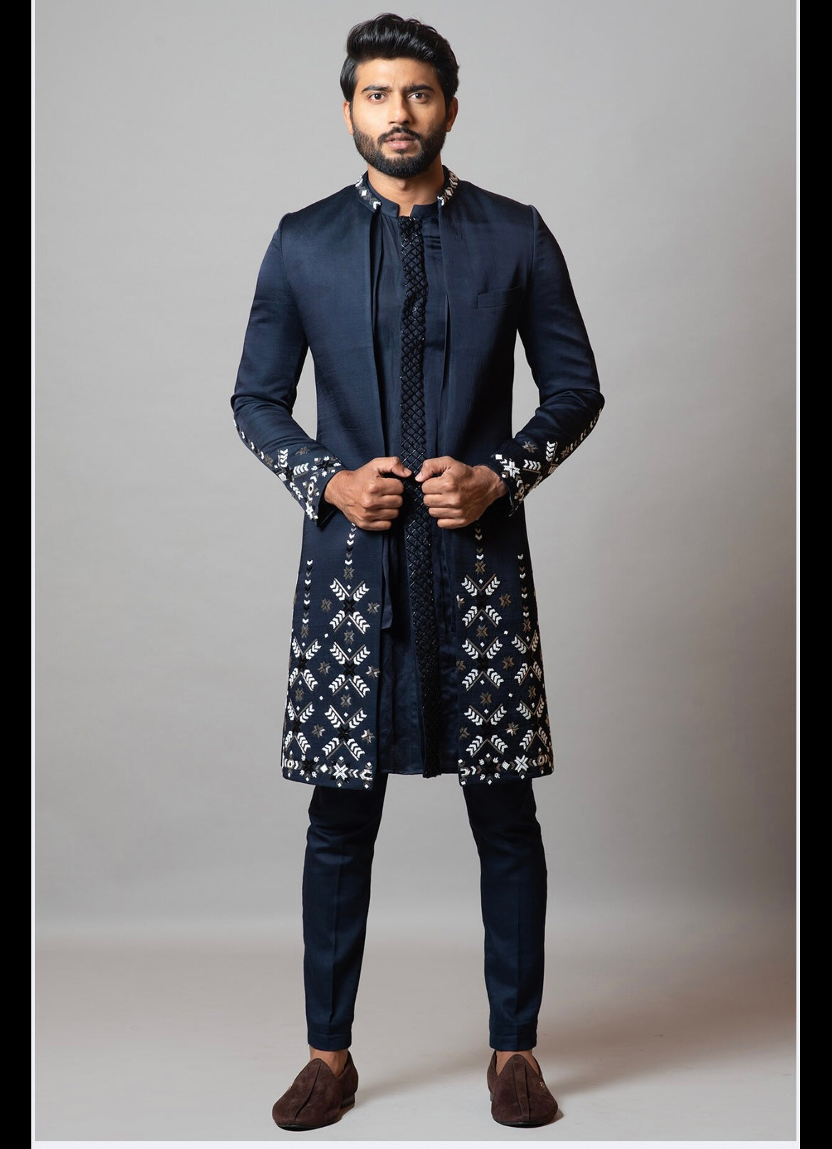 Men's Navy Blue Machine Crafted Embellished Indo-western Set