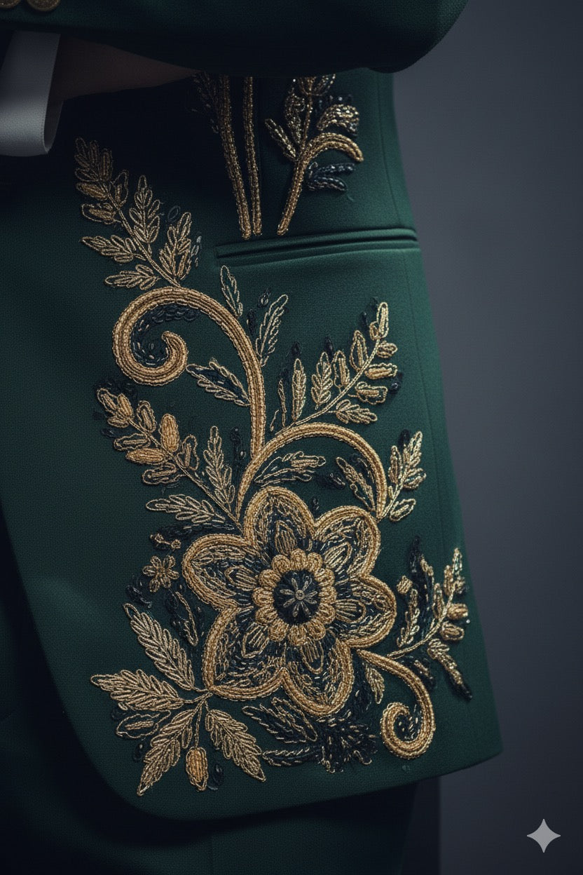 Stylish emerald green and gold embellished tuxedo suit – premium men’s wedding and reception outfit