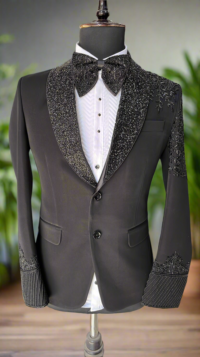 Men's Black Handcrafted Tuxedo Suit with Cut Work Detailing By KPH Outfits