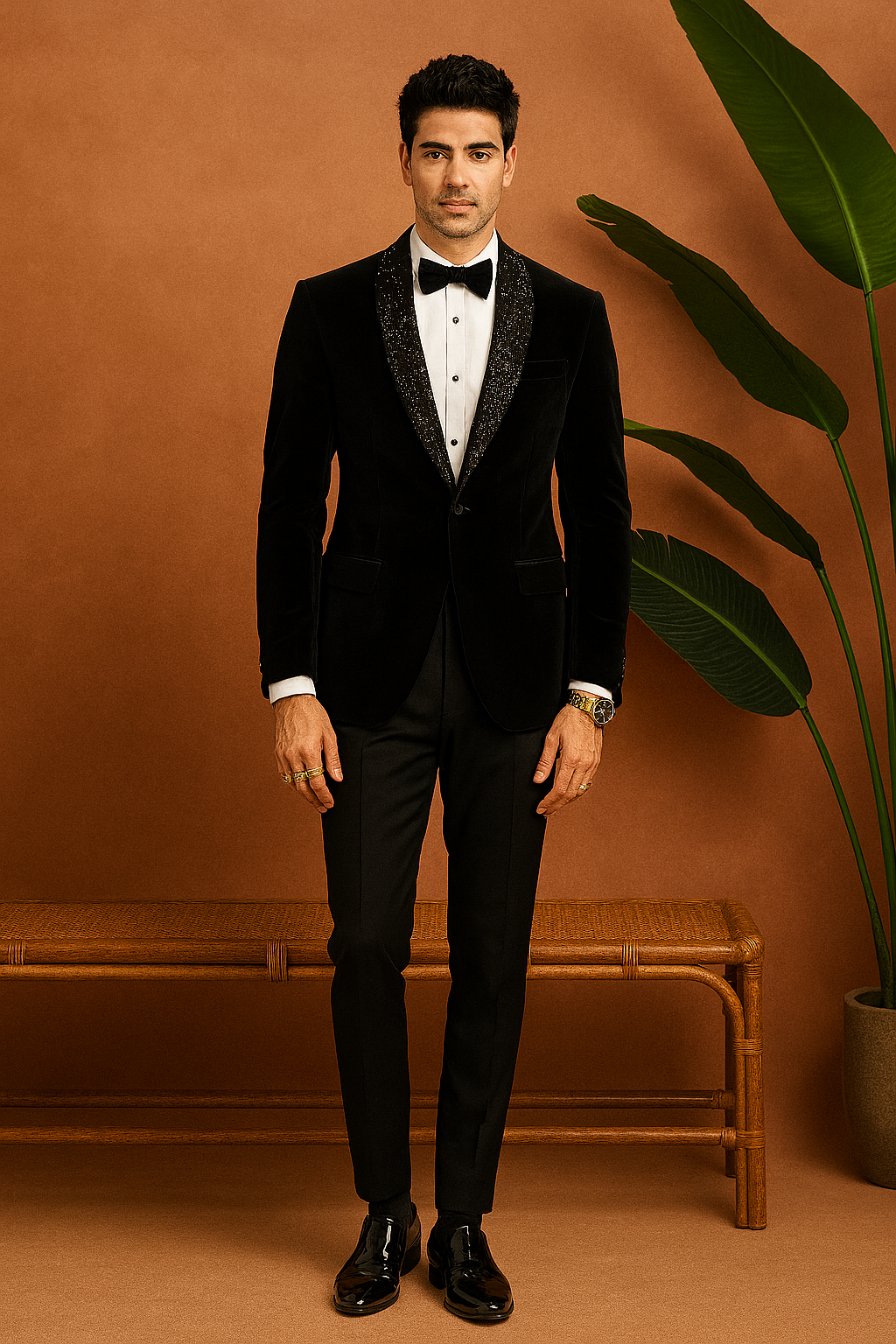 A photograph of a man in a stylish Jodhpuri set, highlighting the quality of the fabric and the unique design.


