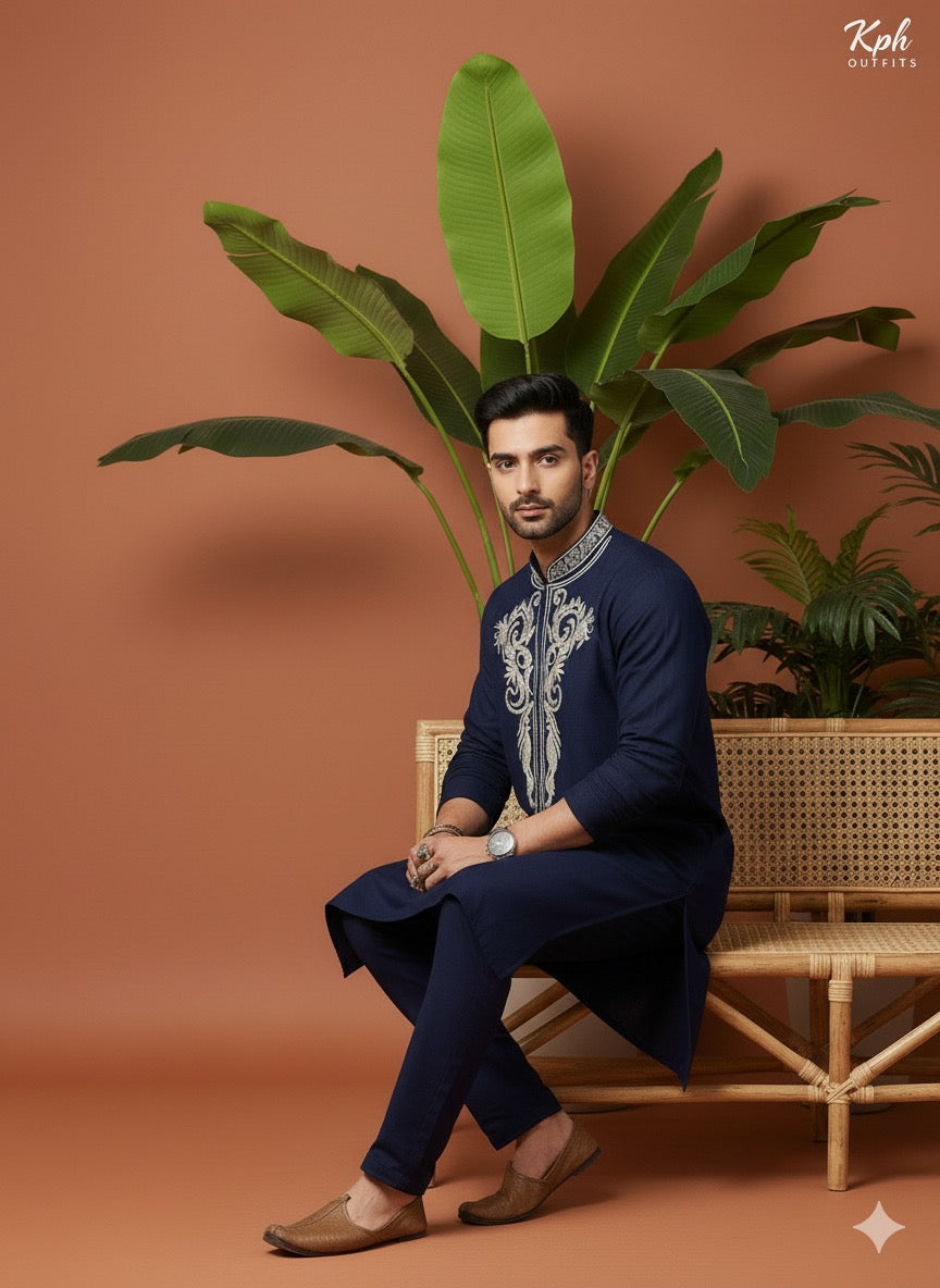 Luxury ethnic wear navy blue kurta set for grooms and parties