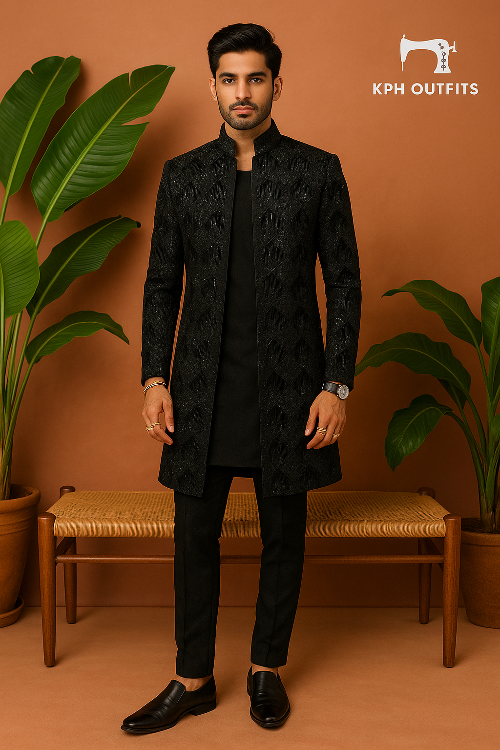 Men's Black Velvet Indo-Western Set with Gold Embroidery – Regal Groom Attire