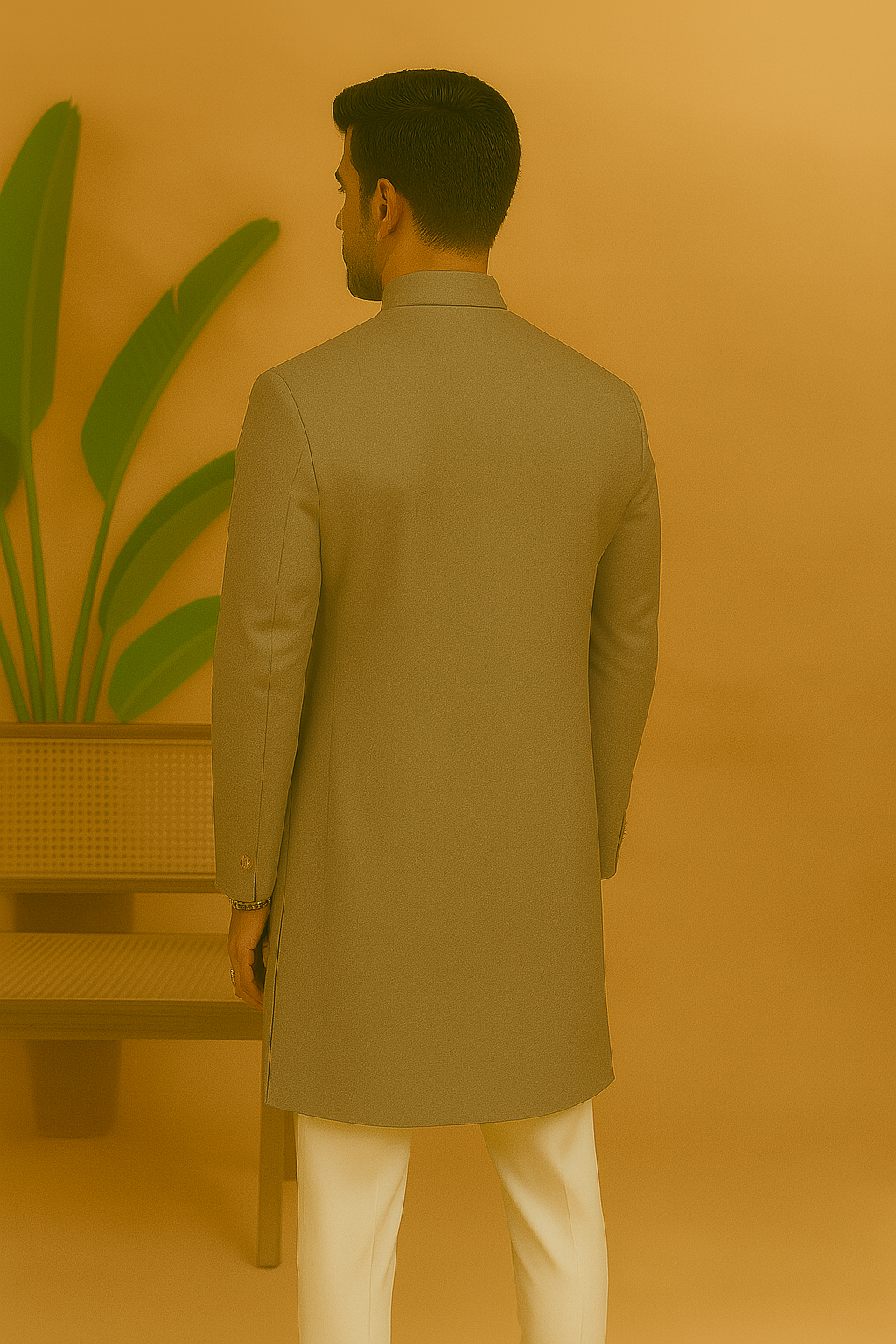 A photograph of a man in a stylish Indo-Western suit, highlighting the quality of the Japanese fabric and the unique design.

