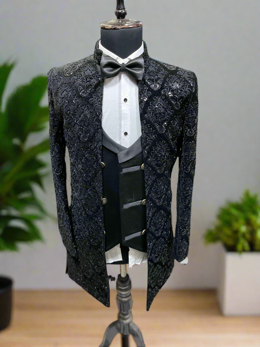 "Men’s black handcrafted western-style long jacket tuxedo suit by KPH Outfits"
