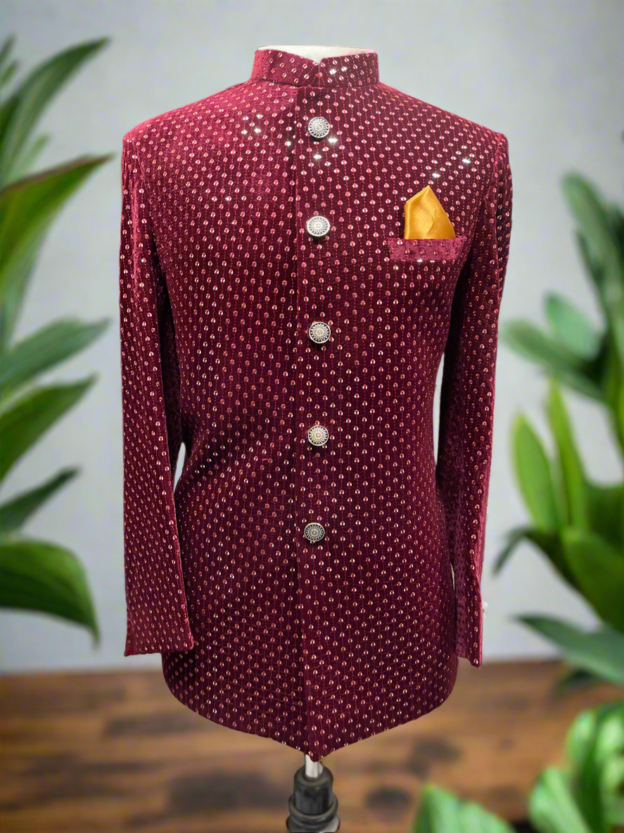 Men's Maroon Velvet Designer Jodhpuri Set – Elegant Wedding Attire by KPH Outfits