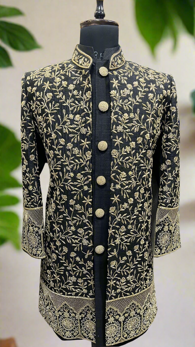 Men's Black Handcrafted Zardozi Work Silk Indo Western Set – KPH Outfits