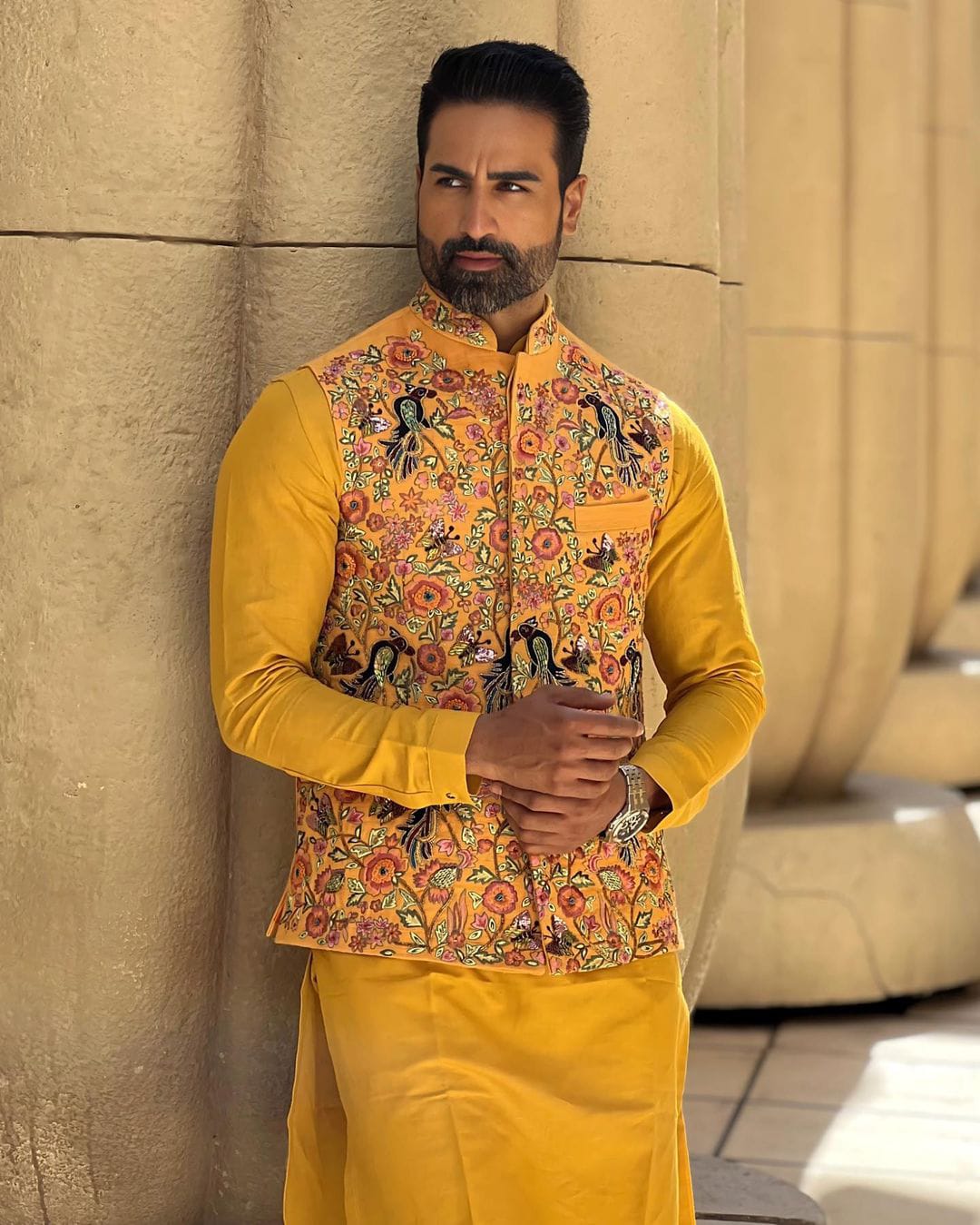 Men's Exclusive Mustard Haldi Function Bandhgala Waistcoat Set