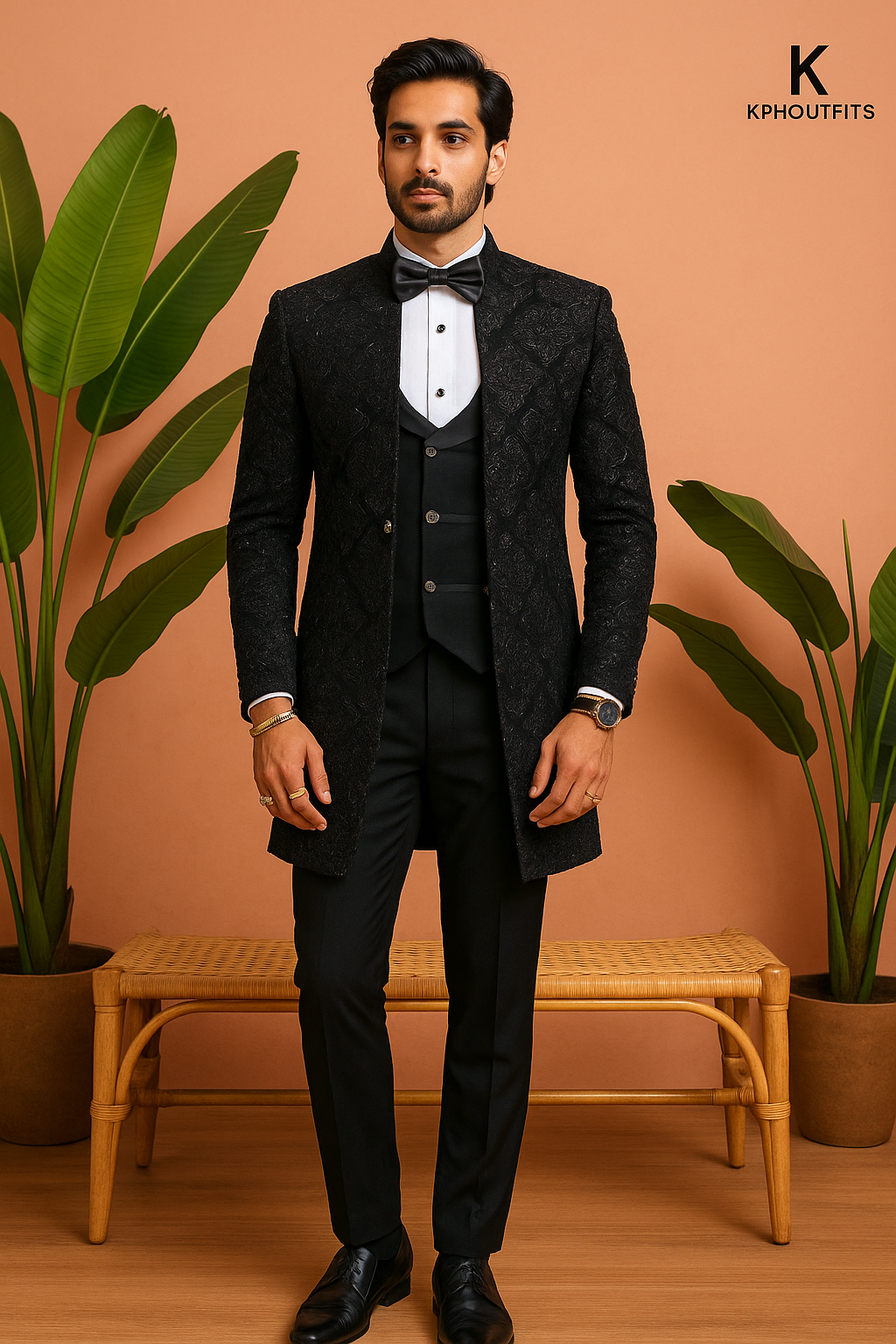 Men’s Black Handcrafted Western Long Jacket Tuxedo Suit - Designer Formal Wear by KPH Outfits