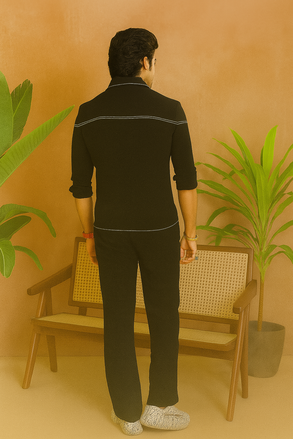 A model in a navy blue formal indo-western set, designed to make a statement at any special occasion.

