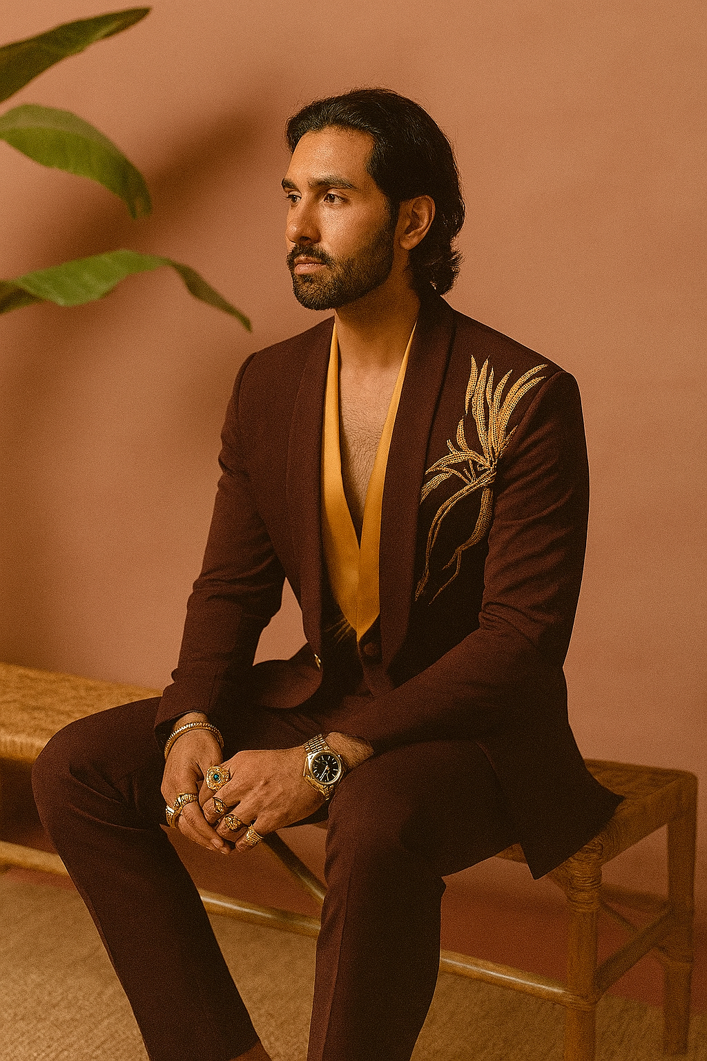 A photograph of a man in a stylish tuxedo, emphasizing the quality of the Japanese fabric and the unique design.

