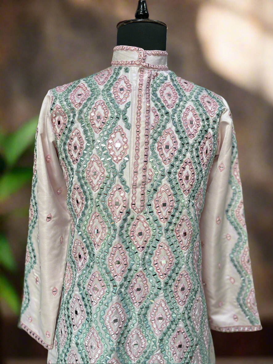 Traditional Men's Pink Kurta Set with Real Mirror Embellishments