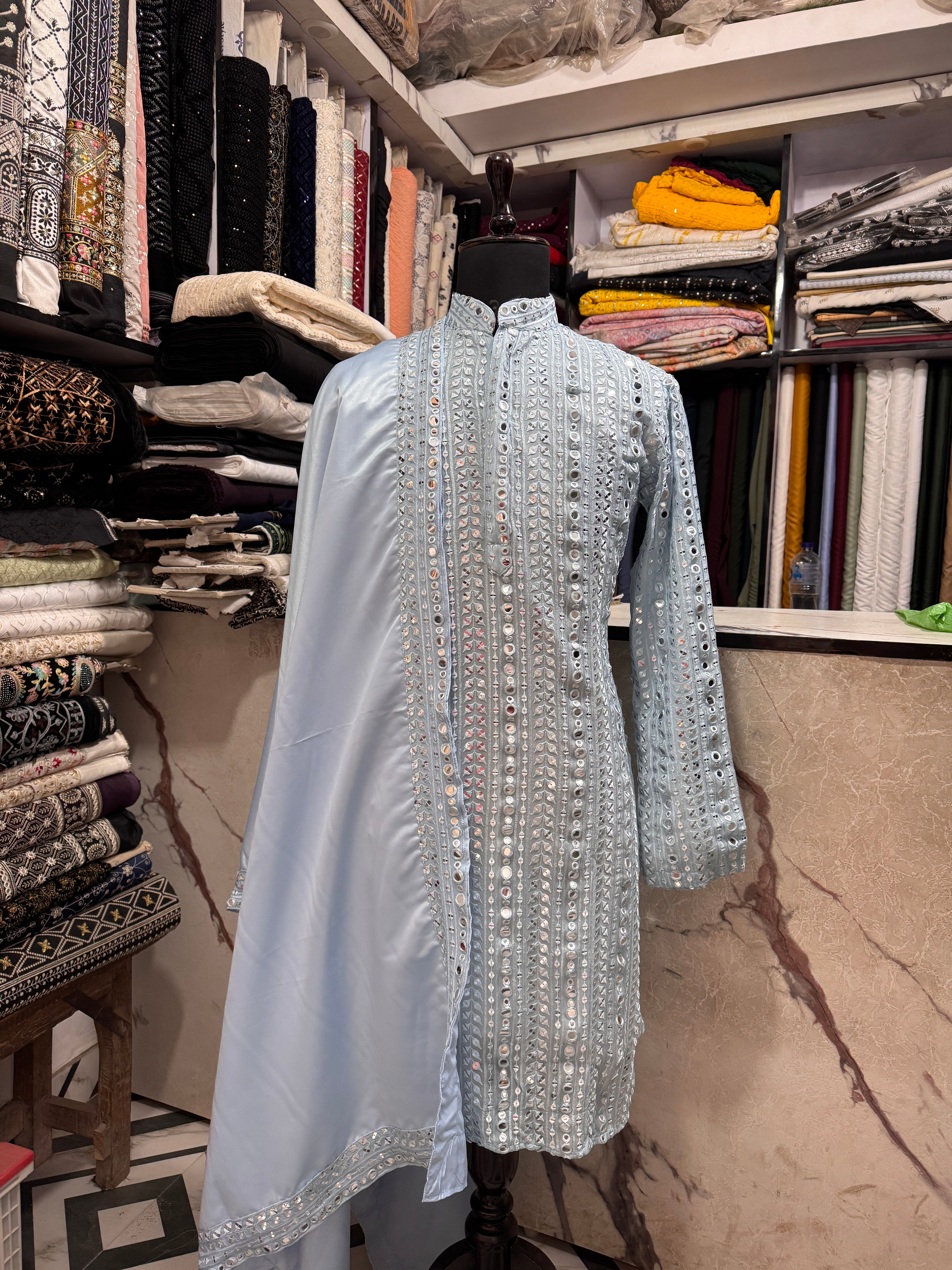 Sky Blue Mirror Designer Stylish Kurta Set