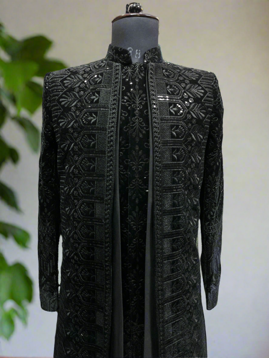 Elegant Black Velvet Open Indo-Western Set for Men by KPH Outfits