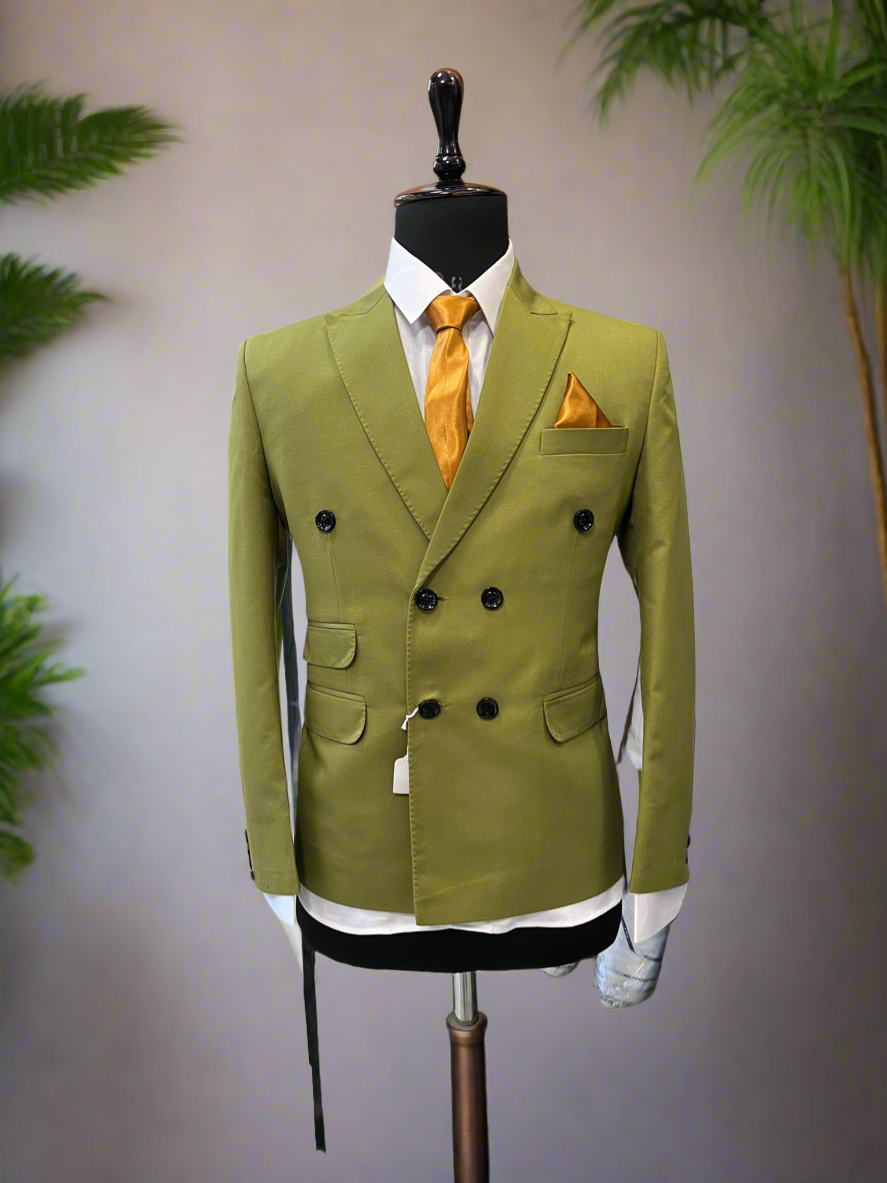 Double-breasted designer tuxedo in unique green shade
