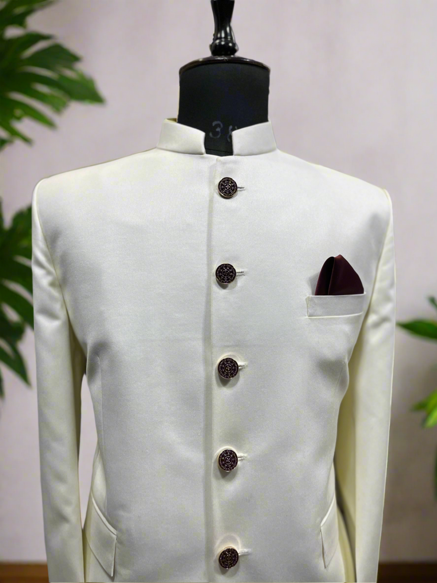 Elegant Off White Bandhgala Blazer with 5 Buttons