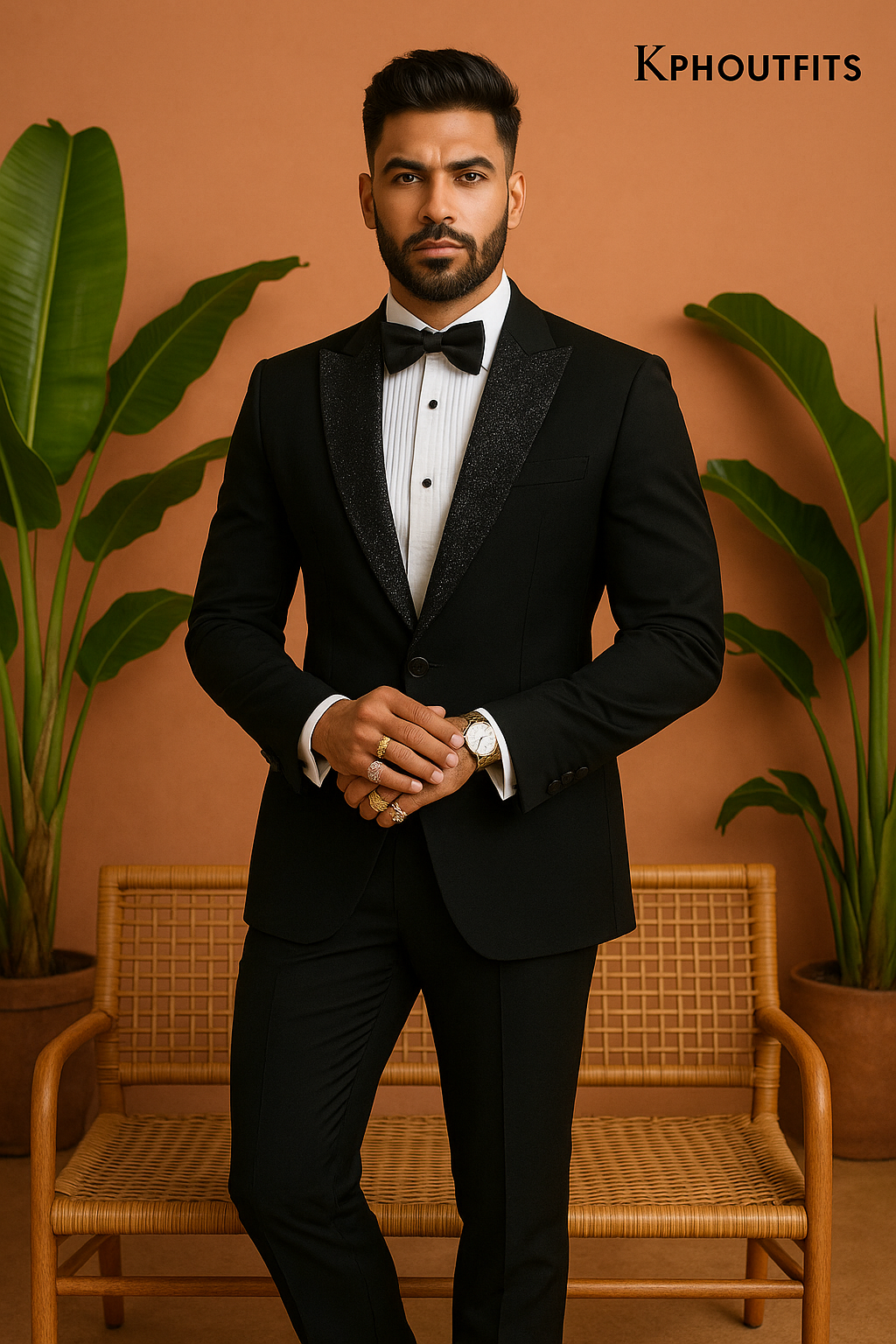 Men's Handcrafted Black Peak Lapel Tuxedo in Japanese Fabric- KPH Outfits