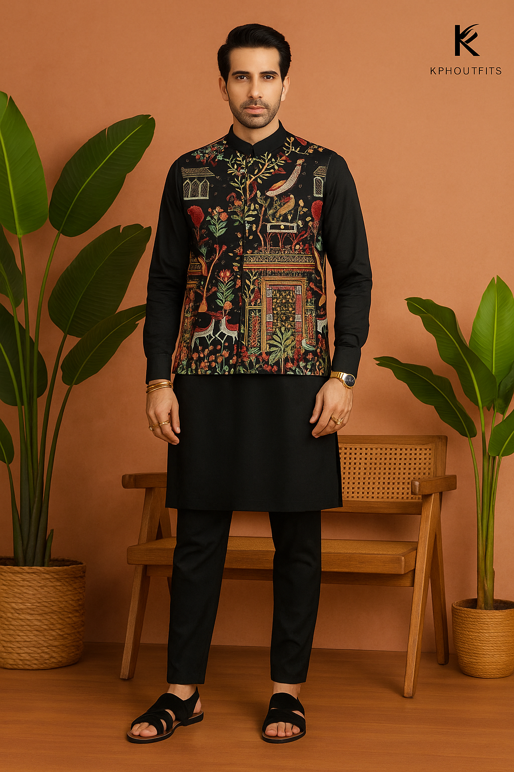 Men's Black and White Multi-Colour Thread Embroidery Nehru Jacket Set - KPH Outfits