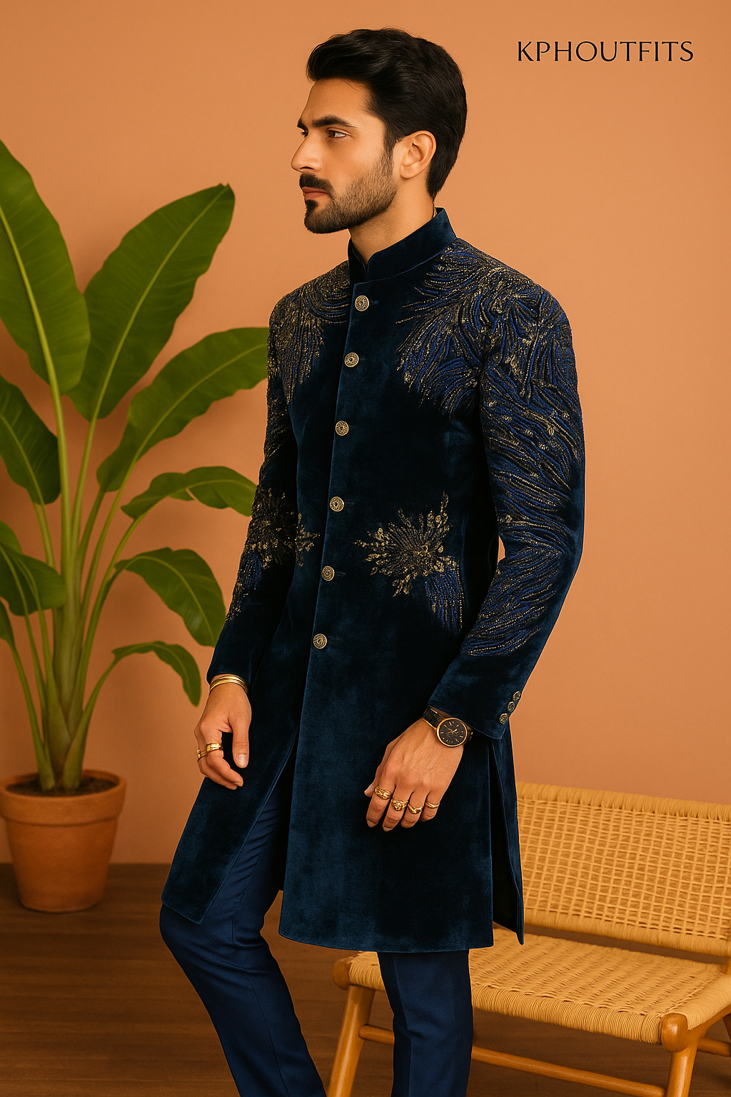 Men's Navy Blue Velvet Handcrafted Luxury Embellished Sherwani Set – Designer Wedding Outfit – KPH Outfits