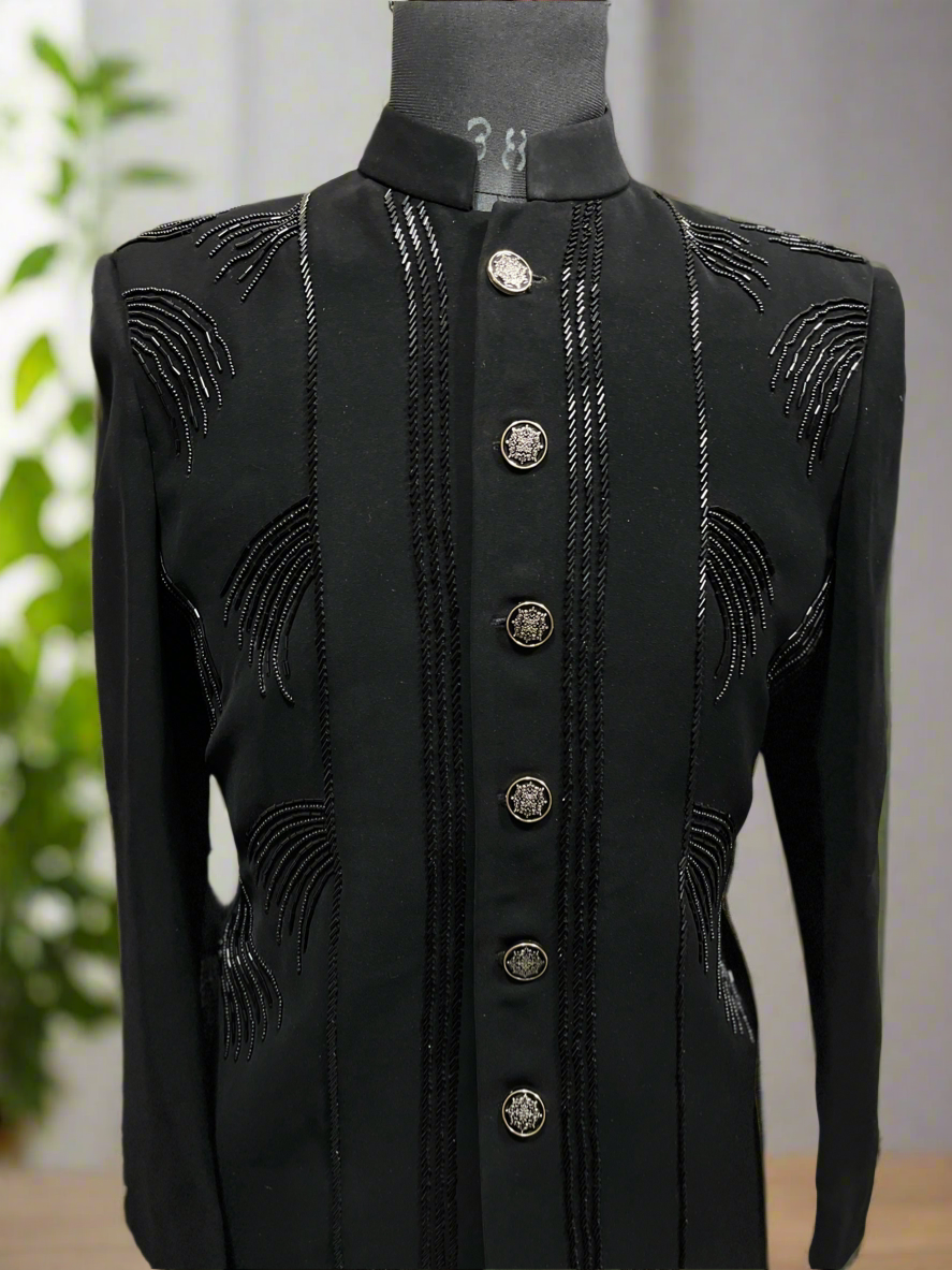 Formal black Jodhpuri suit in Japanese fabric
