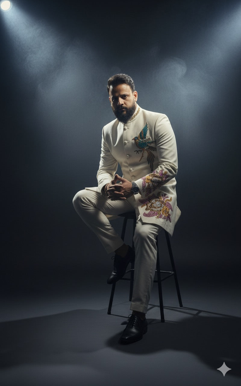 Designer men's Indo-Western suit with artistic thread and beadwork for receptions