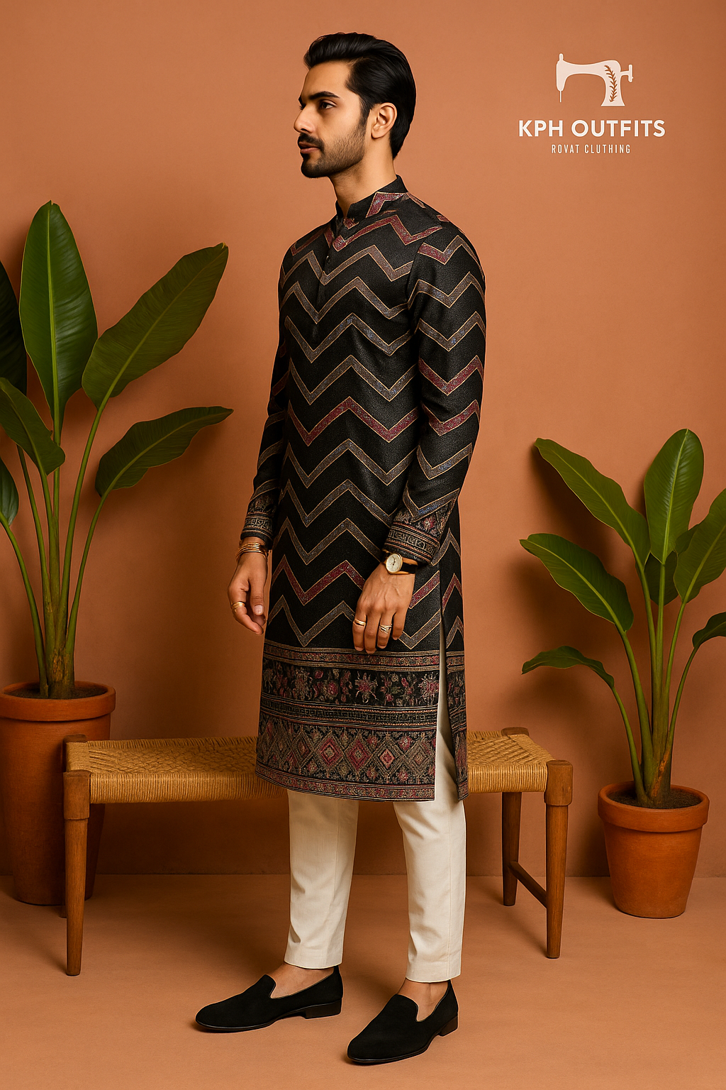 Men's Black Zigzag Pattern Style Kurta Set - KPH Outfits