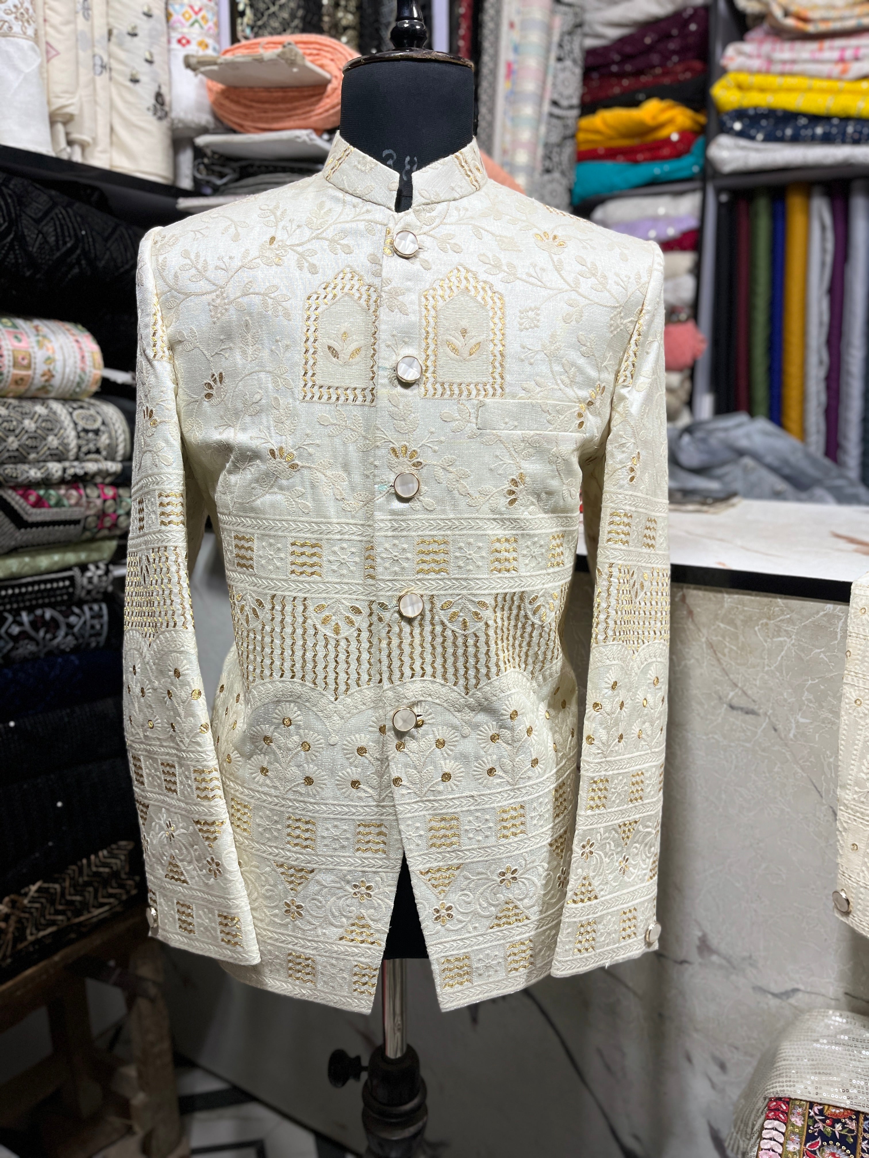 Men's Off White Self Embroidery Silk Jodhpuri Set