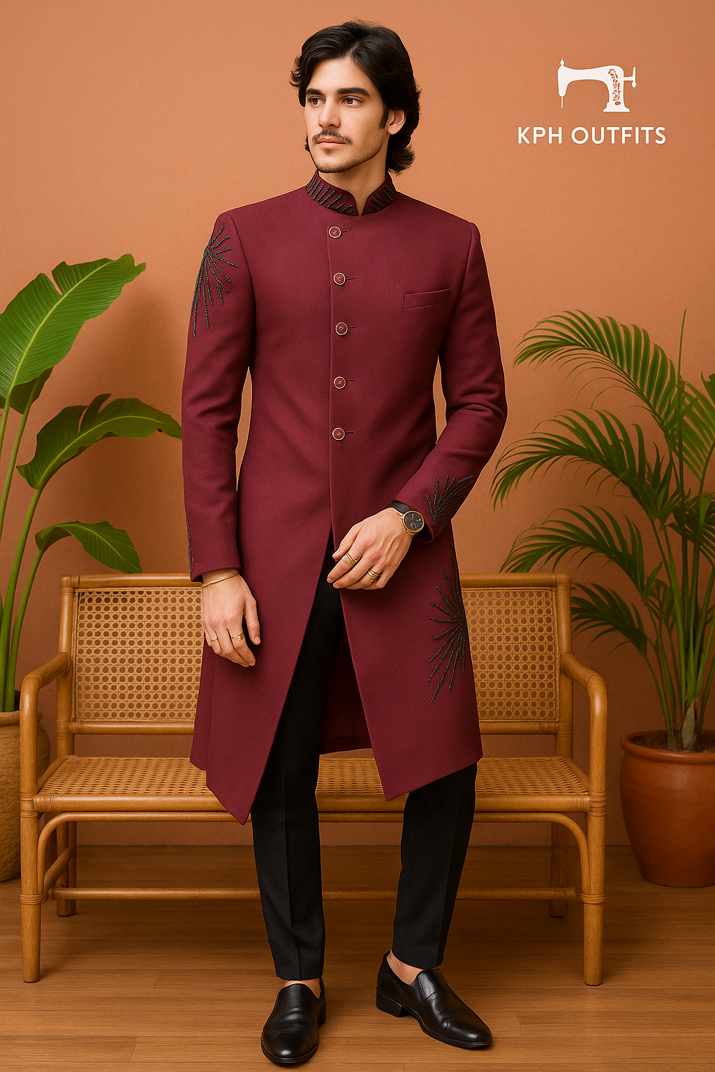 Men's Exclusive Maroon Stylish Two-Layer Handcrafted Indo-western Set - KPH Outfits