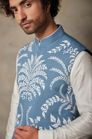 Men's Blue Applique Embroidery Waistcoat Set