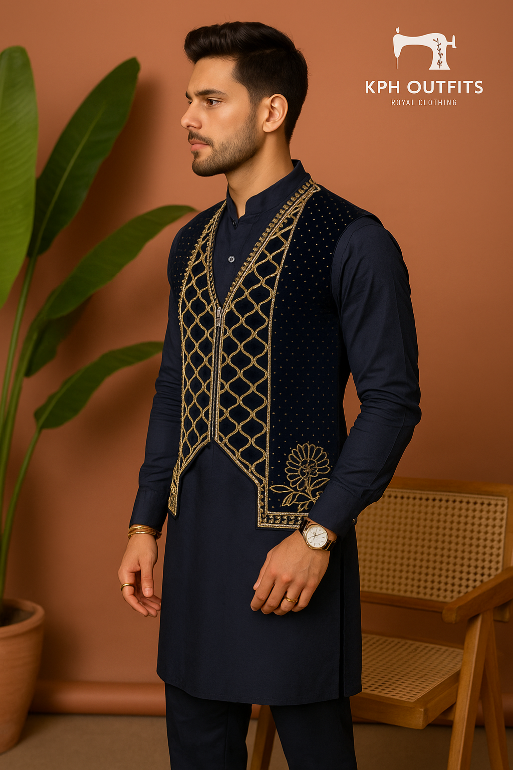 Men's Navy Blue Karan Aujla Handcrafted Zardozi Nehru Jacket Set with Center Zip – Premium Cotton Silk Fabric – KPH Outfits