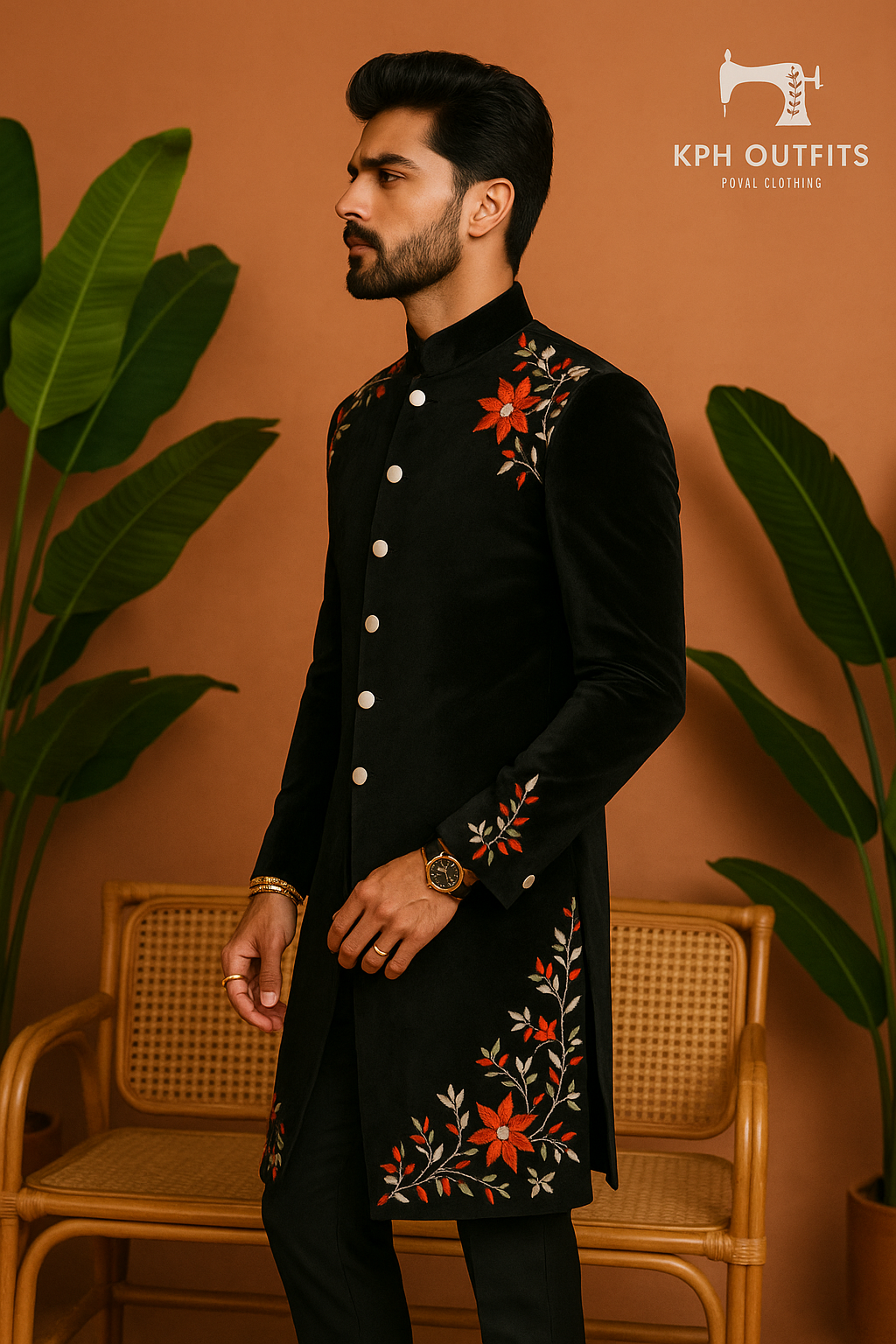 Men's Black Velvet Handcrafted Sherwani with Thread Embroidery – Timeless Groom Wear by KPH Outfits