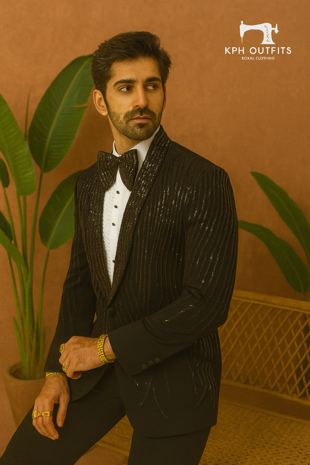 A photograph of a man in a stylish tuxedo, emphasizing the quality of the Japanese fabric and the overall craftsmanship.


