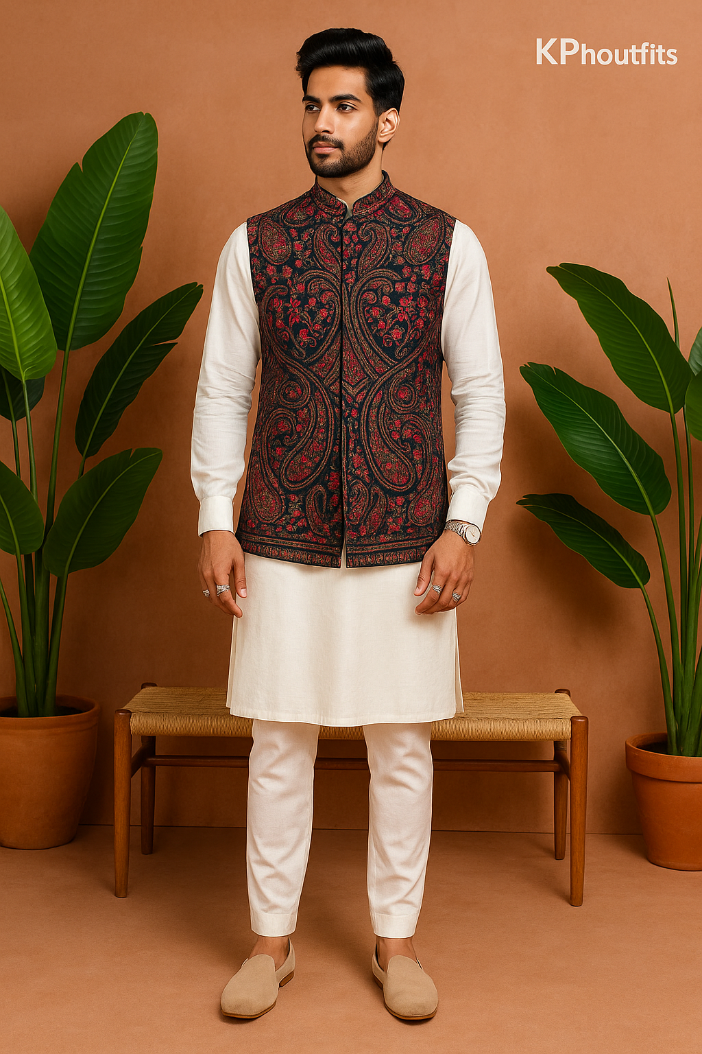 Men's Exclusive Kalamkari Embroidered Nehru Jacket in Navy Blue – Premium Georgette Fabric – KPH Outfits