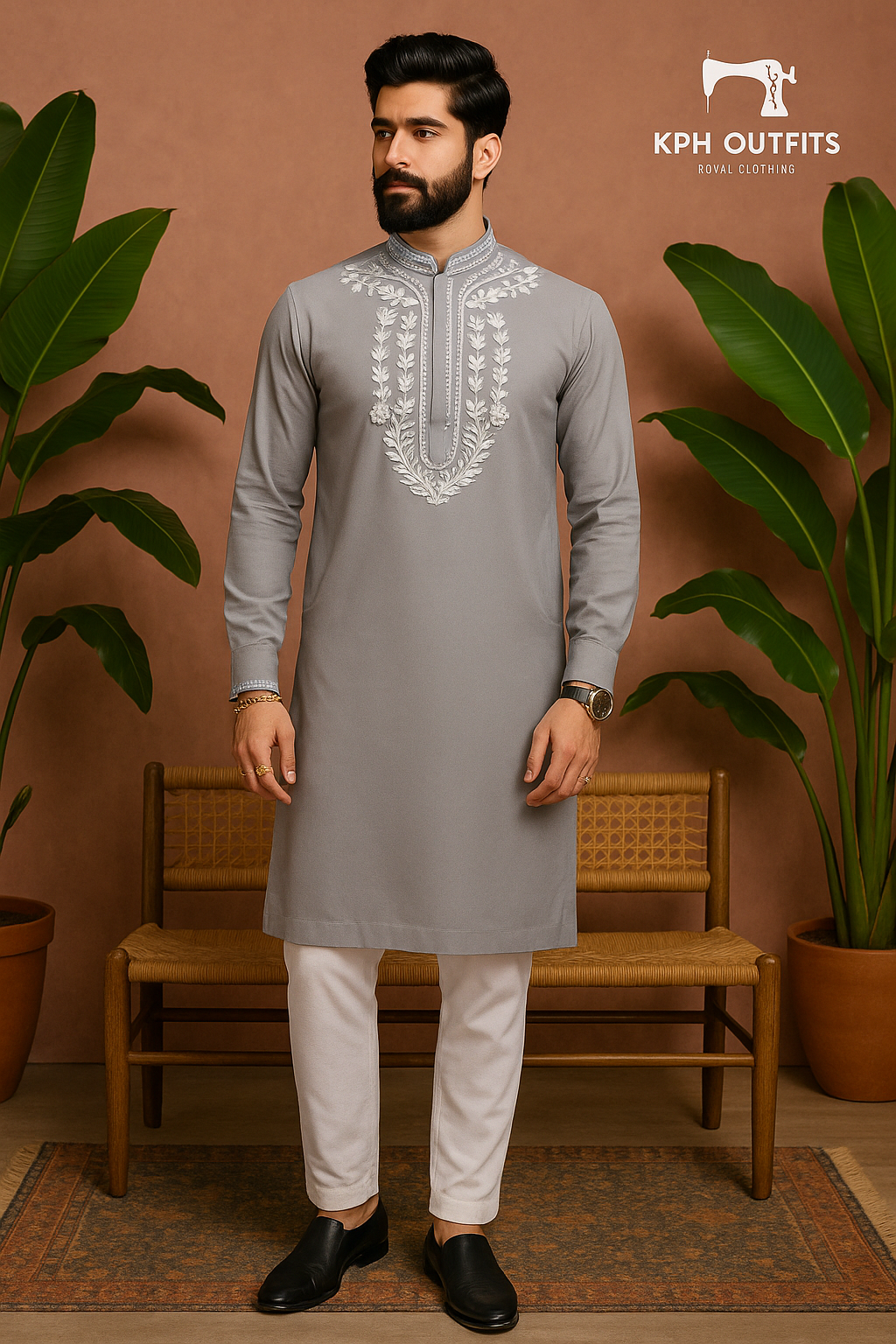 Men's Grey Handcrafted Neck Style Kurta Set - KPH Outfits