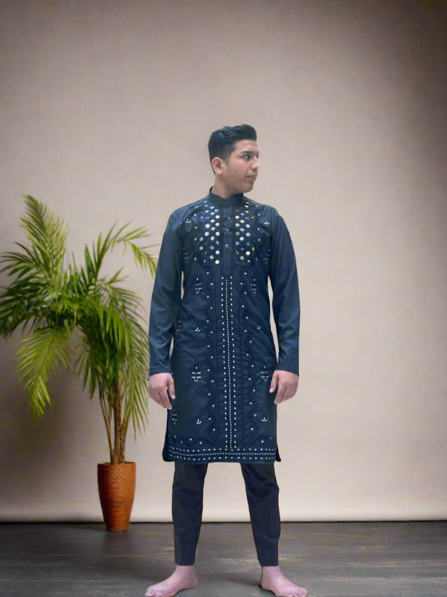 "Elegant black mirror kurta for weddings"

