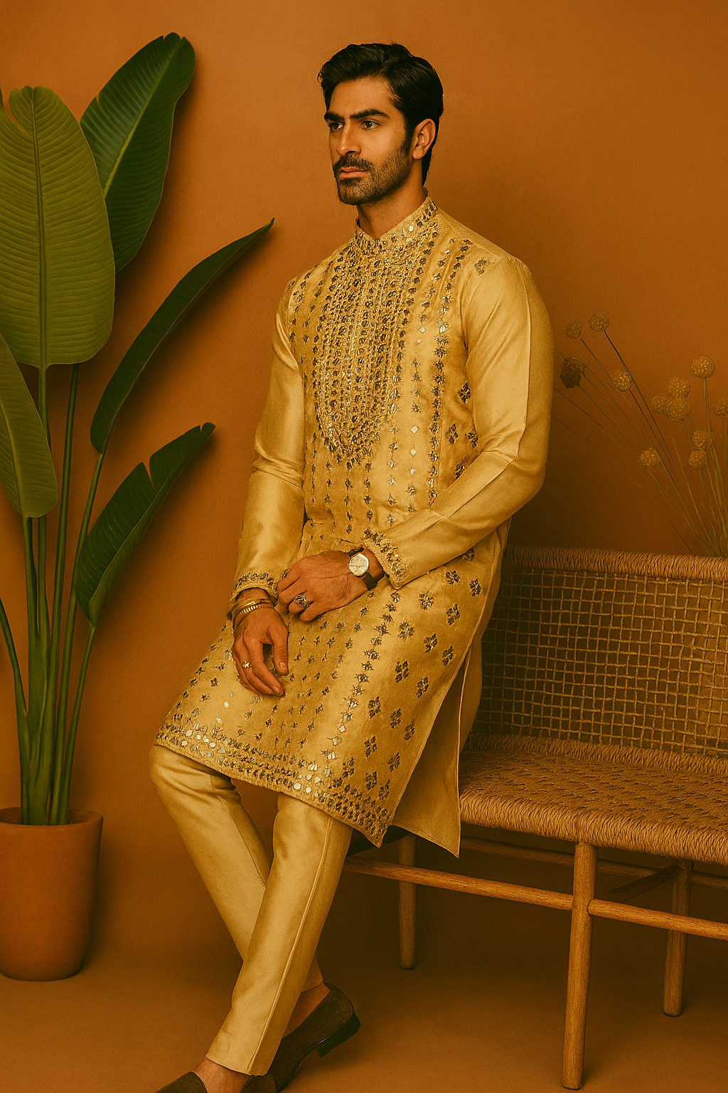 A photograph of a man in a stylish kurta, highlighting the quality of the pure silk fabric and the unique design.

