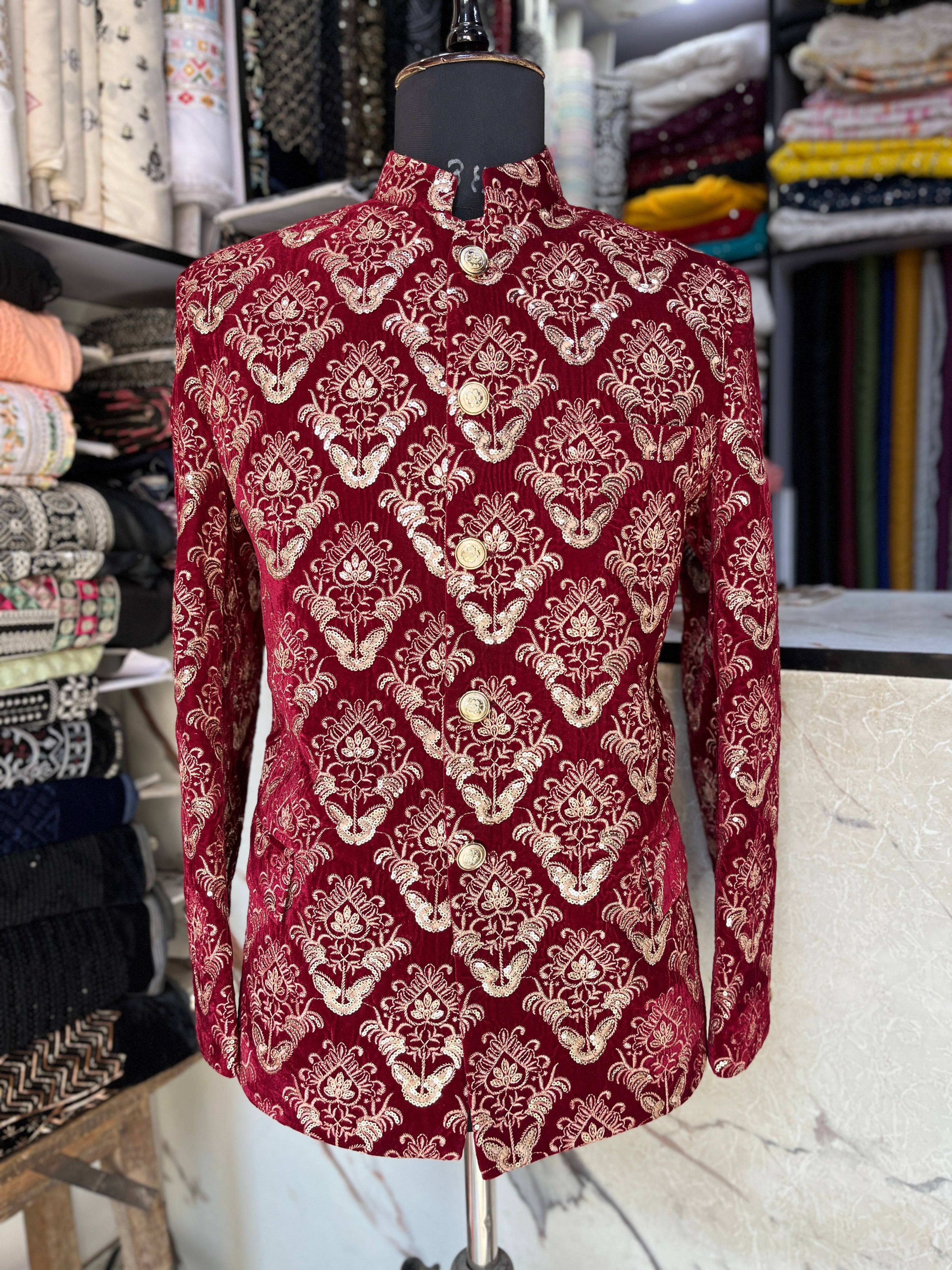 Men's Red Velvet Embroidery Jodhpuri Set