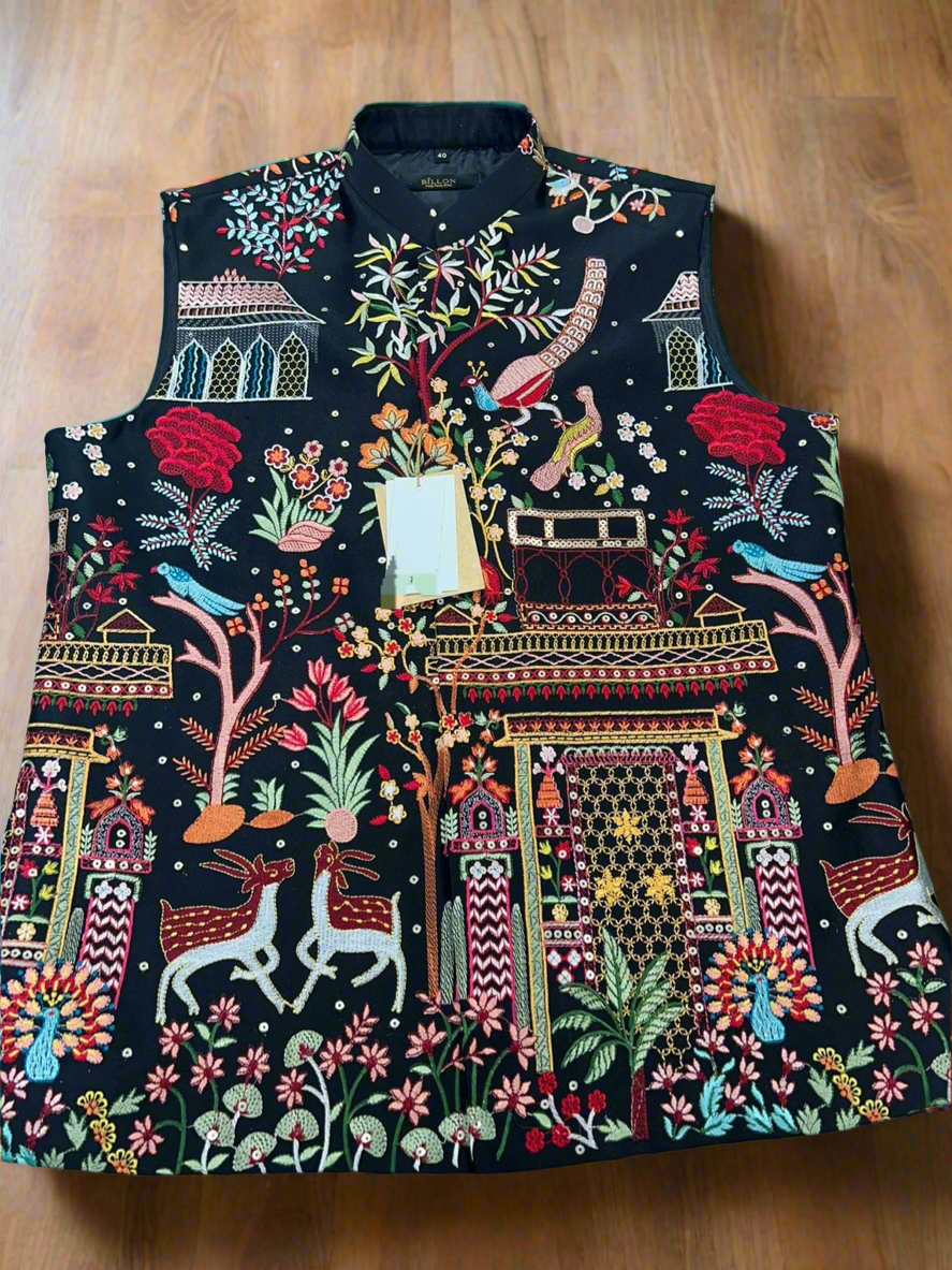 Men's Black and White Multi-Colour Thread Embroidery Nehru Jacket Set - KPH Outfits