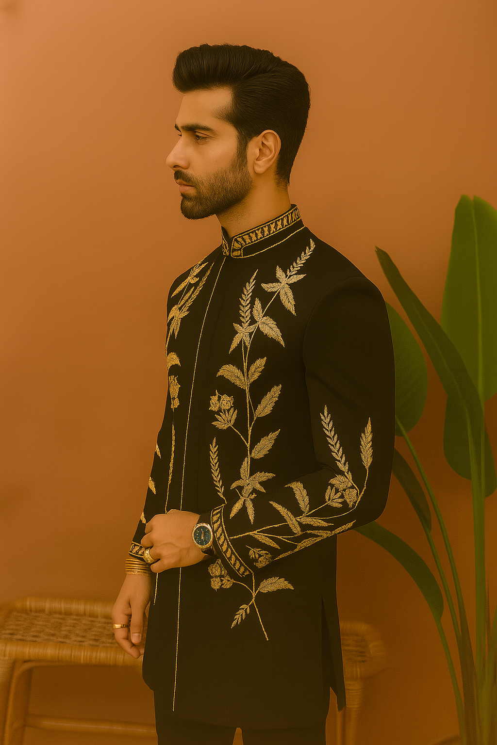 A side view of the man in the Indo-Western set, showing the fit and cut of the outfit.

