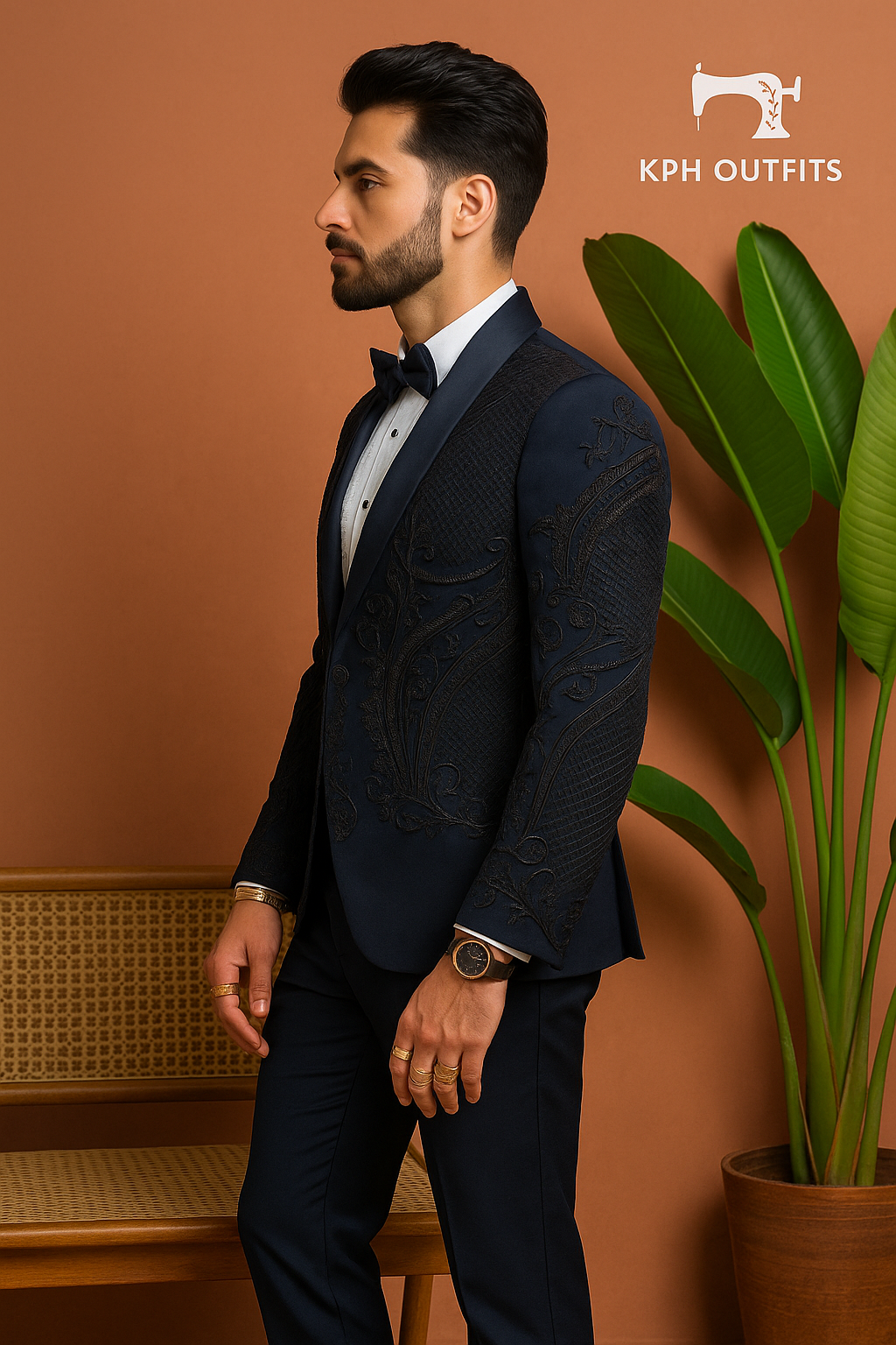 Men's Exclusive Navy Blue Handcrafted Cut Work Stylish Tuxedo Suit – Luxury Formal Wear by KPH Outfits
