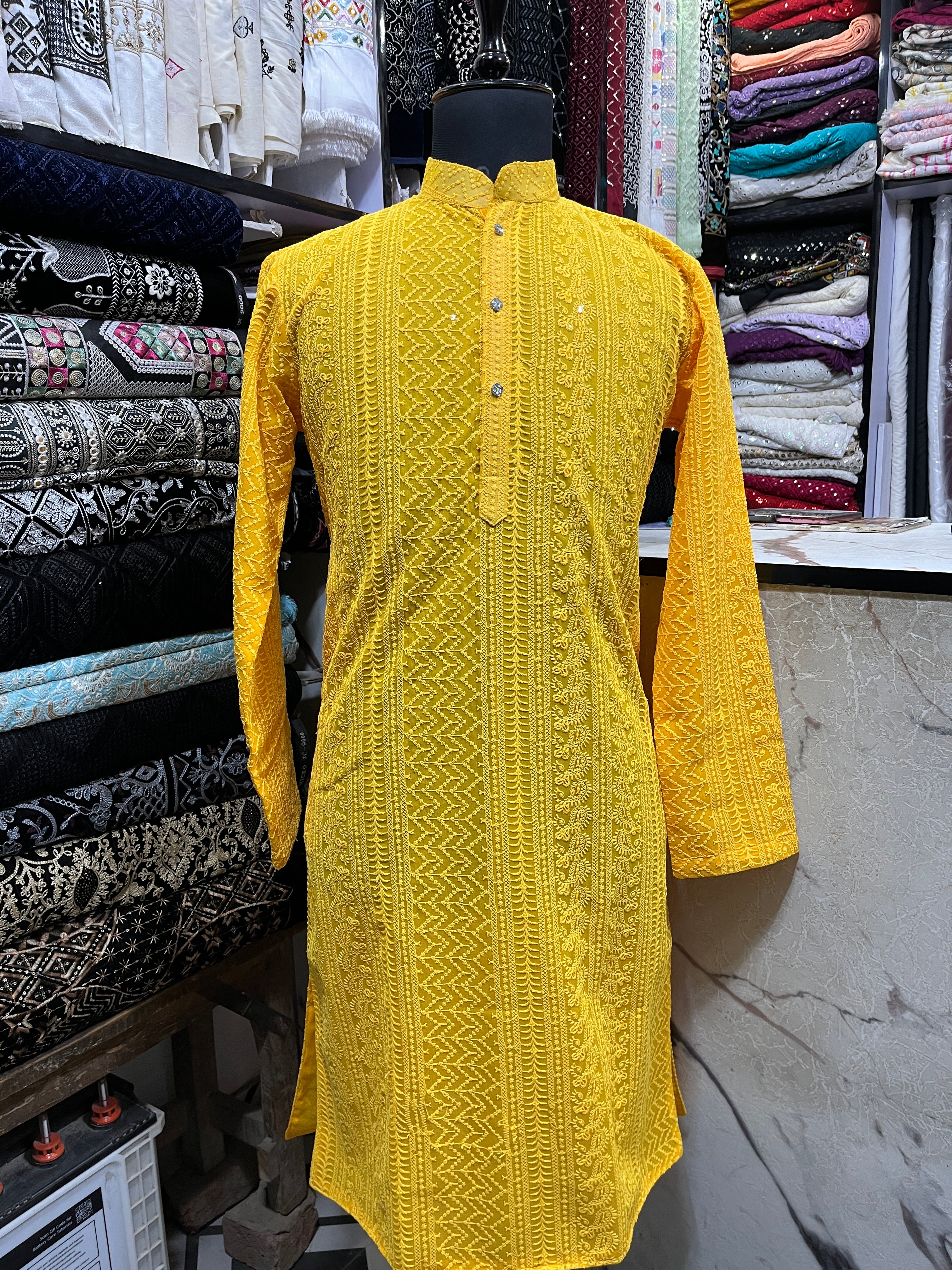 Men's Yellow Lakhnavi Haldi Special kurta Set