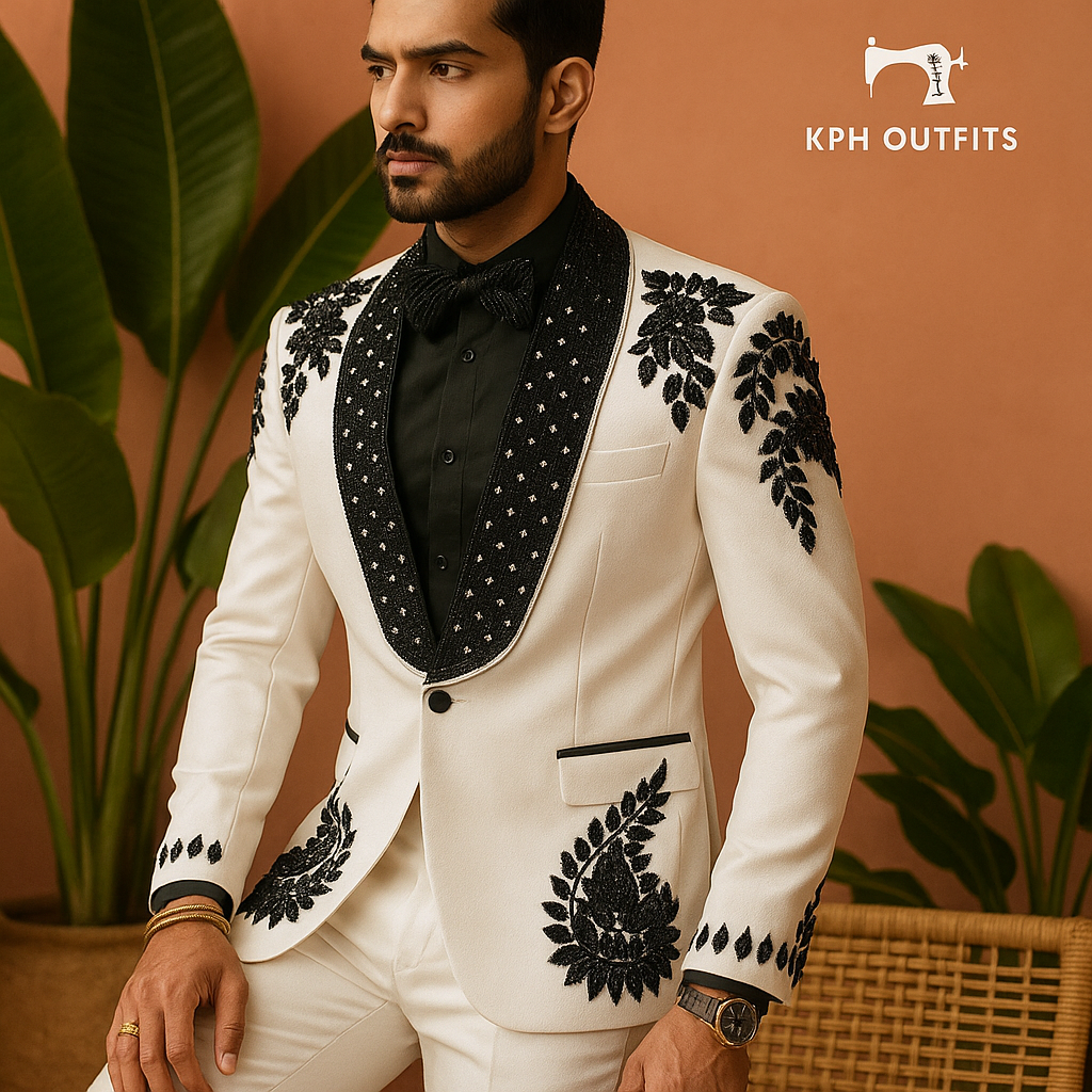 Men's Exclusive Ivory Designer Handcrafted Stylish Tuxedo Suit – Luxury Designer Wear by KPH Outfits