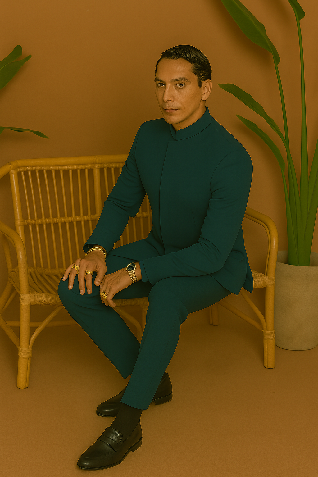 A side view of the man in the Bandhgala suit, showing the fit and silhouette.