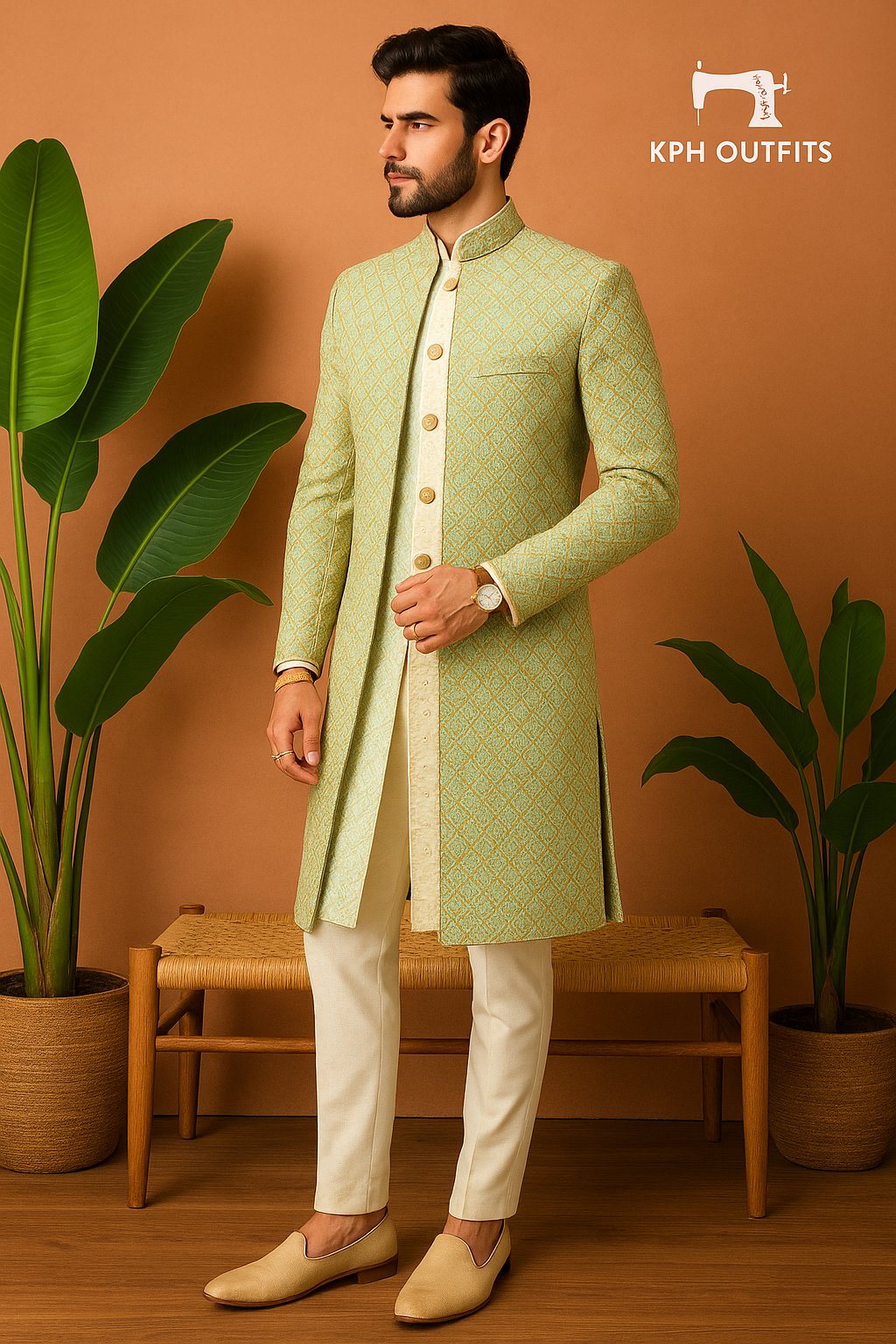Exquisite Pista Handcrafted Golden Work Sherwani Set for Grooms - KPH Outfits