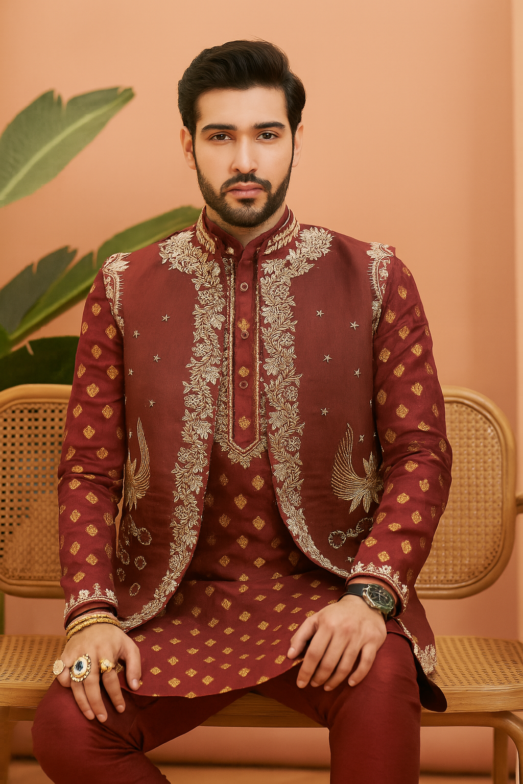 A full-body side view of the man in the wedding outfit, showcasing the complete look.