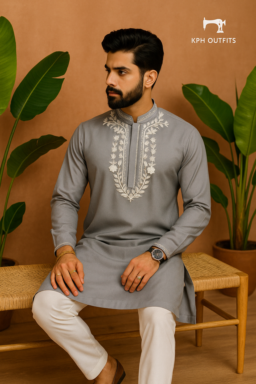 Men's Grey Handcrafted Neck Style Kurta Set - KPH Outfits